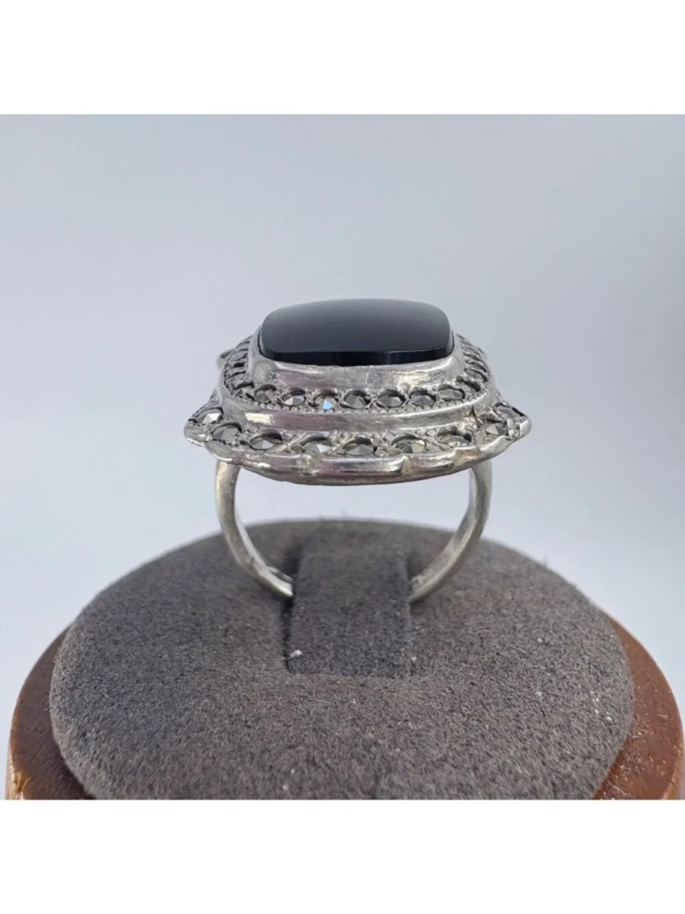 Black Onyx Bezel Set Sterling Silver 925 & Marcasite Ring Size 5.25